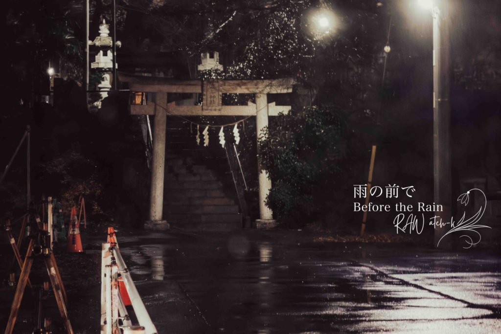 雨に濡れた夜の神社の参道。
暗闇の中に鳥居が立ち、足元の路面が街灯の光を静かに反射している。